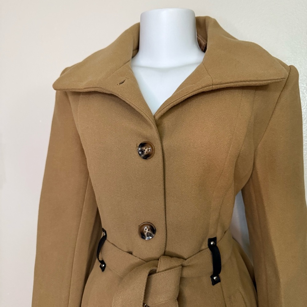 Khaki single breasted lapel collar A-line pleated flare belted pea coat - Picture 4 of 12